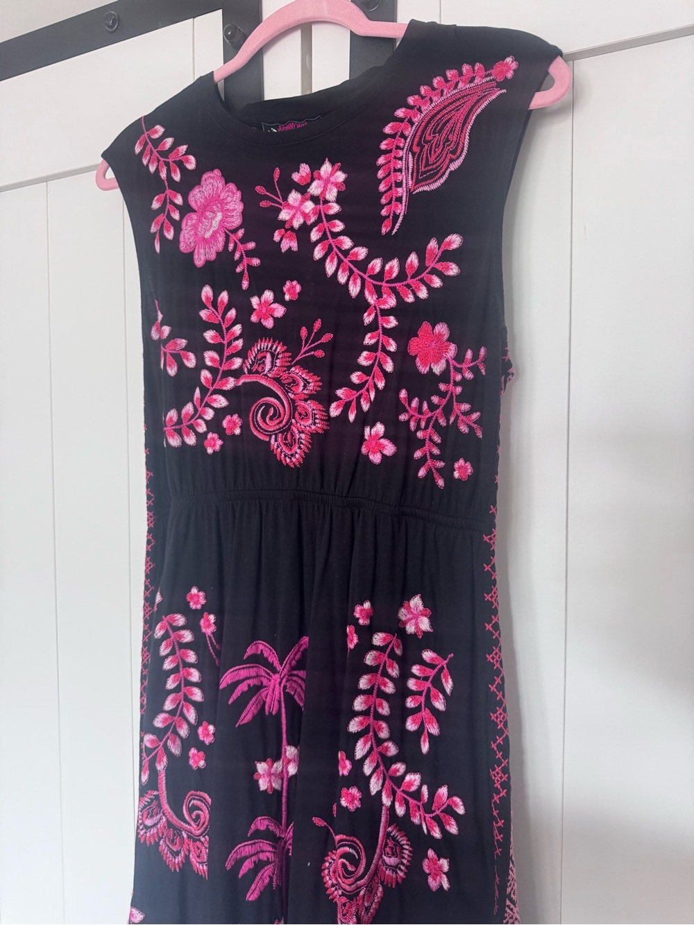 Johnny Was Black Midi Dress with Hot Pink Floral Embroidery & open back-Cassia